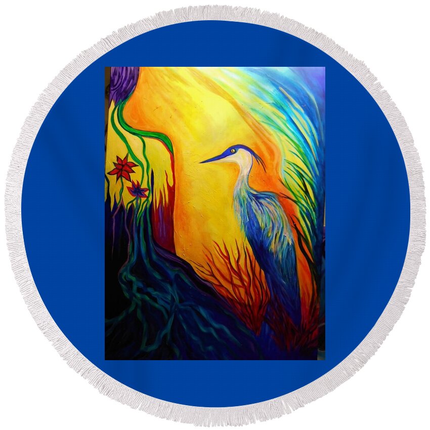 Blue Herons Round Beach Towel featuring the painting The Messenger by Carolyn LeGrand
