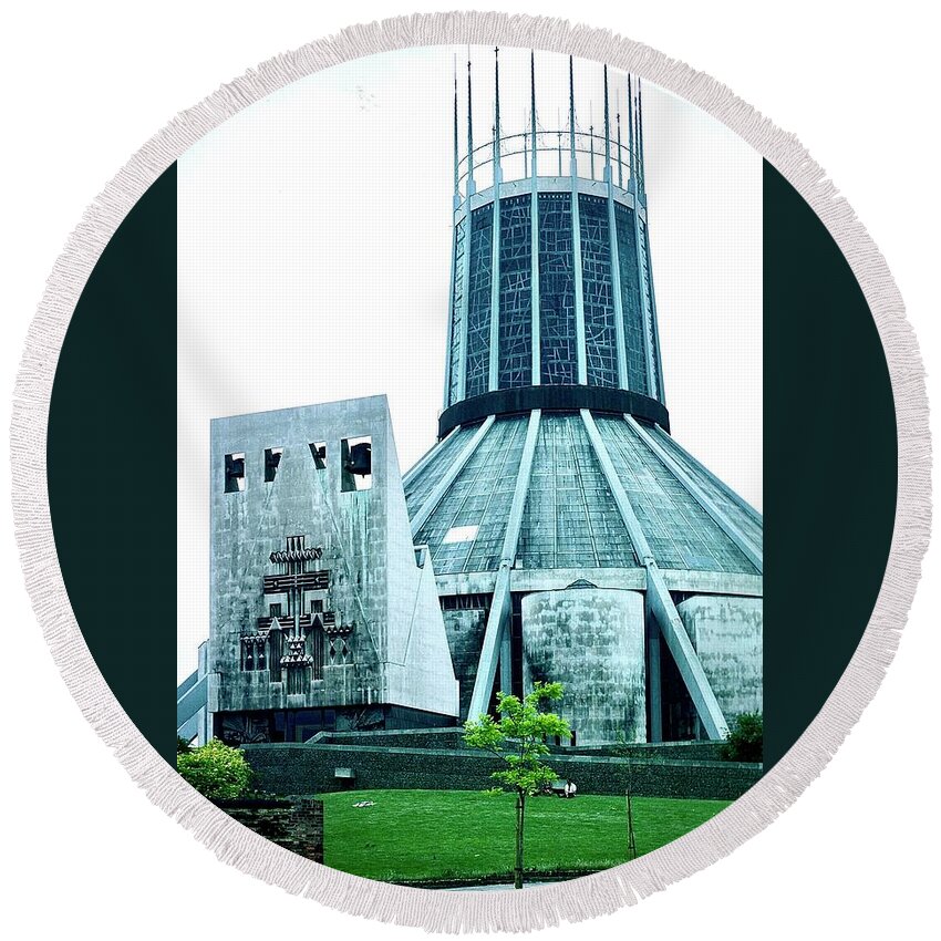 Metropolitan Round Beach Towel featuring the photograph The Metropolitan Cathedral Liverpool 1979 by Gordon James