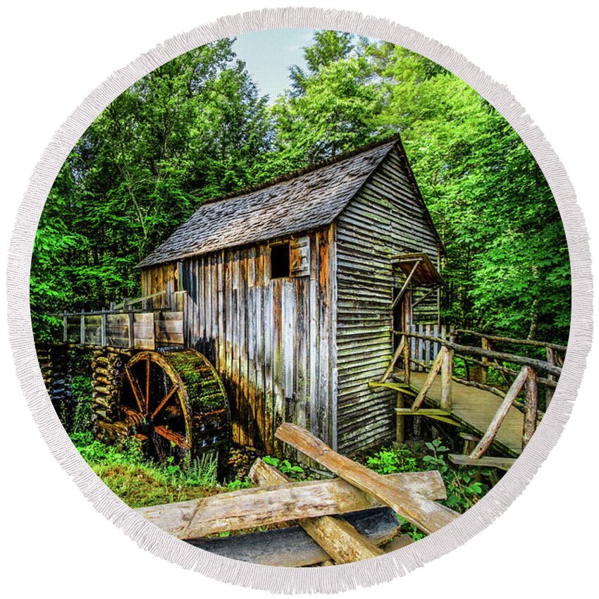 Barns Round Beach Towel featuring the photograph The Mill and Fences at Cades Cove Townsend Tennessee by Debra and Dave Vanderlaan