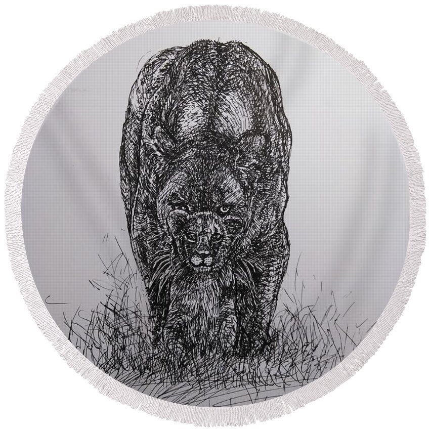  Lion Drawing Round Beach Towel featuring the drawing The Mom Instinct by Sukalya Chearanantana