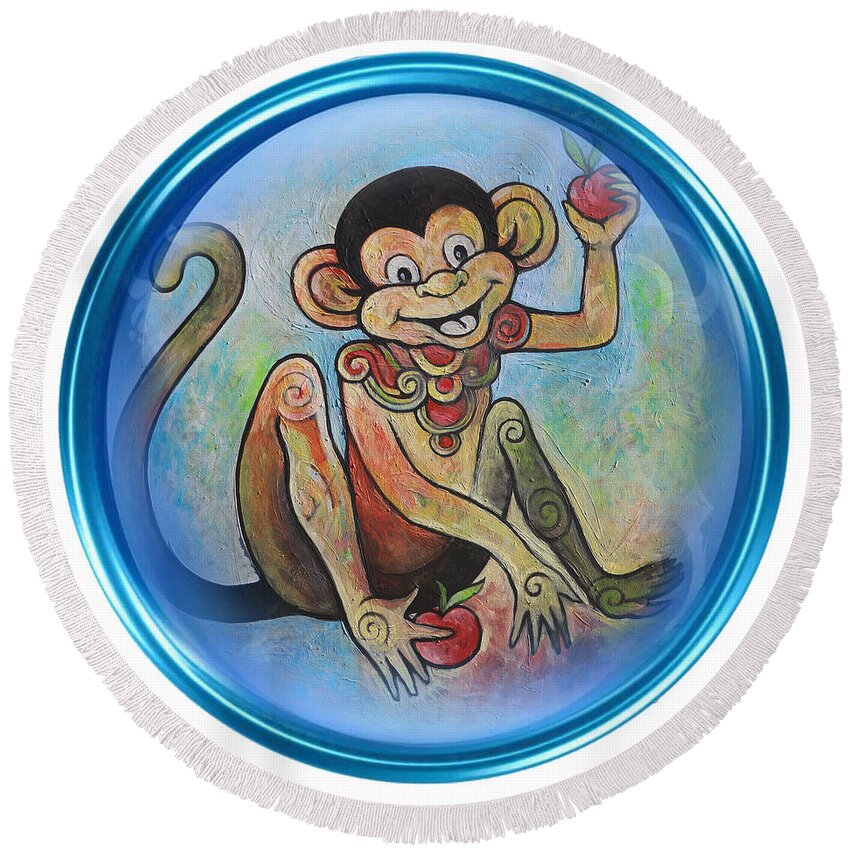 The Monkey Round Beach Towel featuring the painting the Monkey by Tom Dashnyam Otgontugs