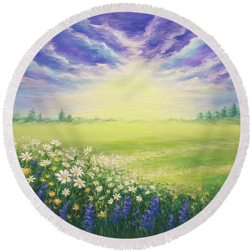 Spring Round Beach Towel featuring the painting The Morning Light by Yoonhee Ko