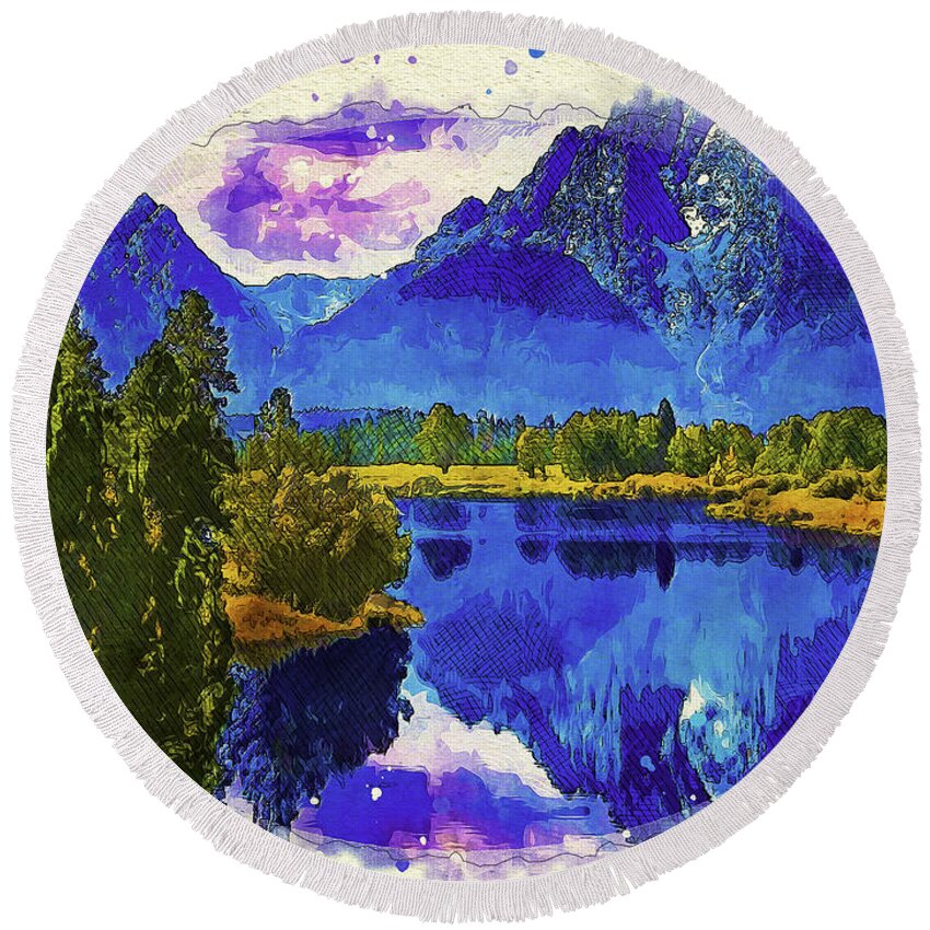The Mountain Lake Round Beach Towel featuring the mixed media The Mountain Lake by Pheasant Run Gallery