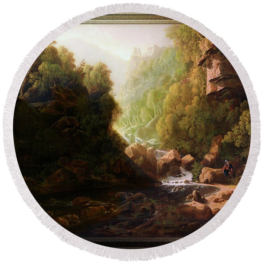 The Mountain Torrent Round Beach Towel featuring the painting The Mountain Torrent by Francis Danby by Rolando Burbon