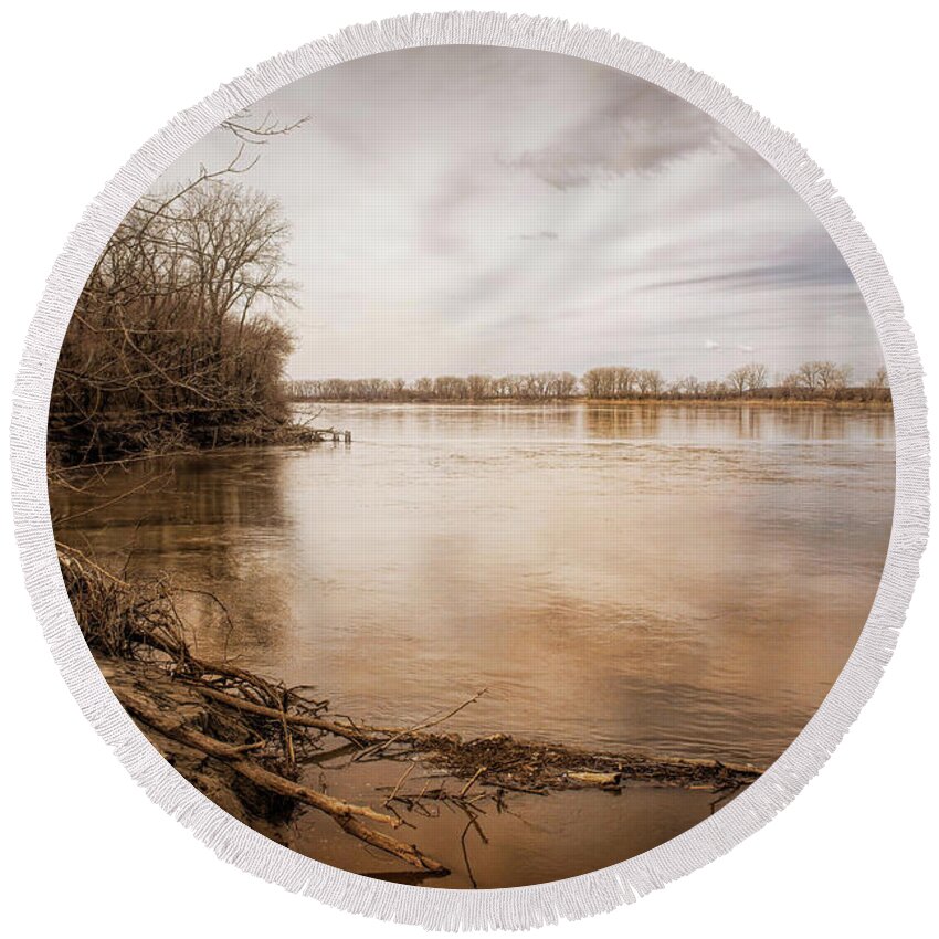 Landscape Round Beach Towel featuring the photograph The Muddy Missouri by Linda Shannon Morgan