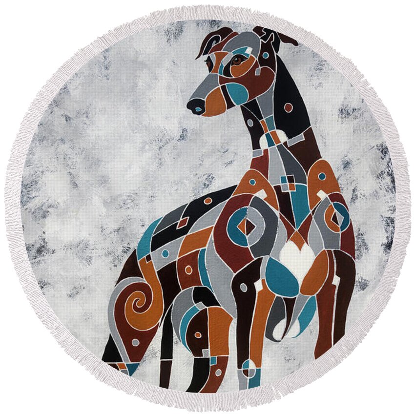 Colorful Greyhound Art Round Beach Towel featuring the painting The Noble Greyhound by Barbara Rush