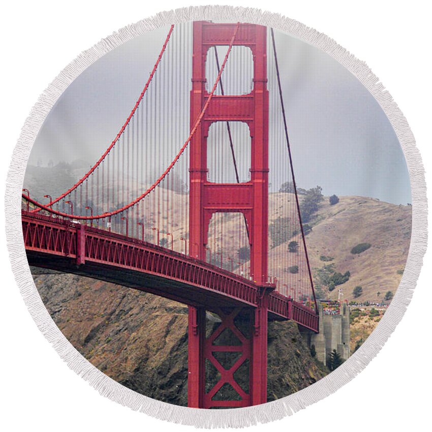 Golden Gate Bridge Round Beach Towel featuring the photograph The north tower of the Golden Gate Bridge - Marin County, California by Gunther Allen