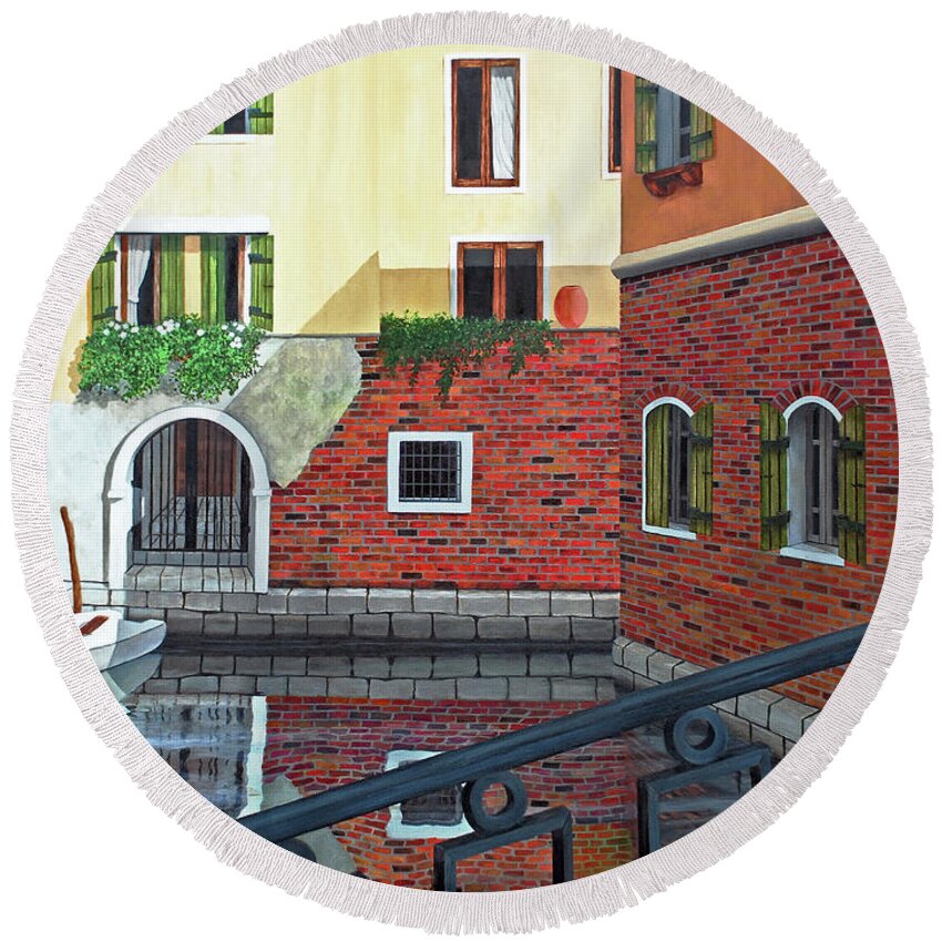 Venice Round Beach Towel featuring the painting THE OLD CANAL -prints of oil painting by Mary Grden