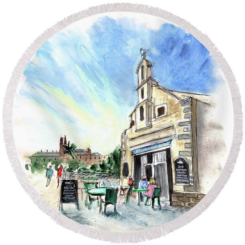 Travel Round Beach Towel featuring the painting The Old Lifeboat House Bistro In Penzance by Miki De Goodaboom