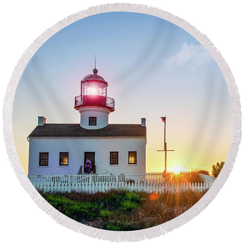 California Round Beach Towel featuring the photograph The Old Point Loma Lighthouse at Sunset by David Levin