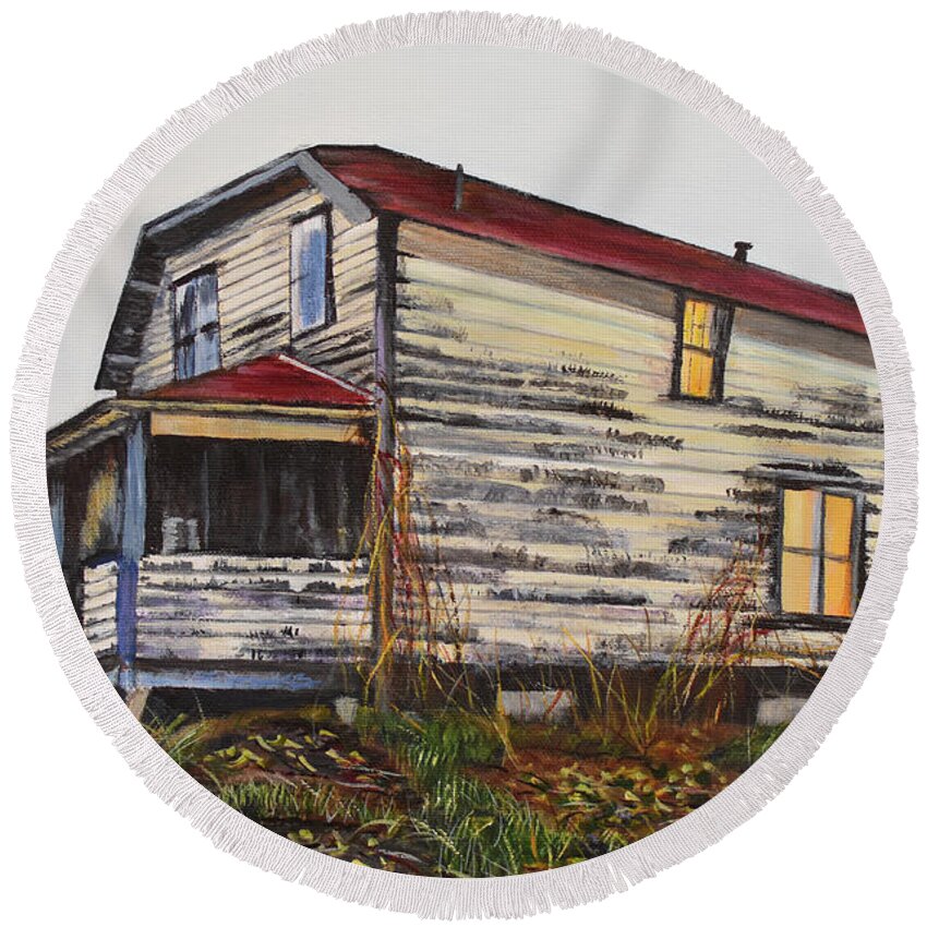 Manigotagan Round Beach Towel featuring the painting The Old Quesnel Homestead by Marilyn McNish