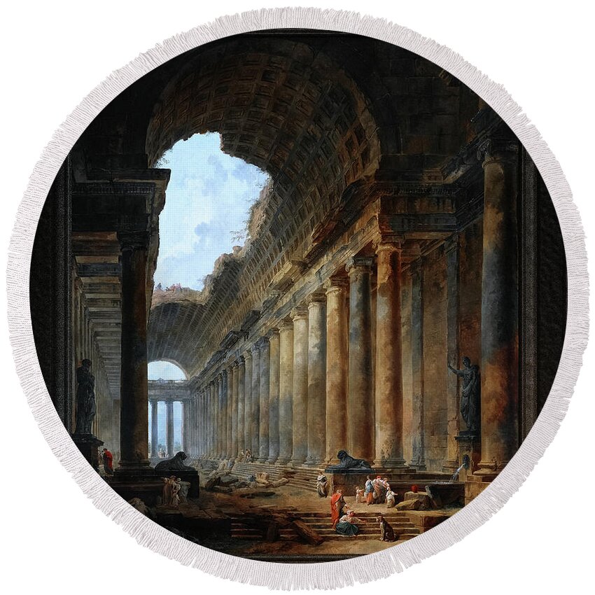 The Old Temple Round Beach Towel featuring the painting The Old Temple by Hubert Robert Old Masters Fine Art Reproduction by Rolando Burbon