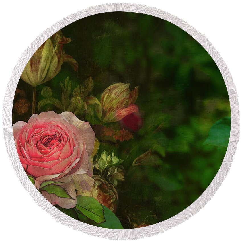 Rose Round Beach Towel featuring the mixed media Vintage Rose by Shelia Hunt