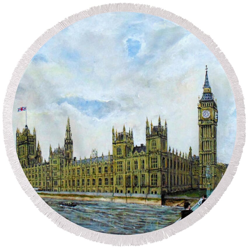 Palace Of Westminster Round Beach Towel featuring the painting The Palace Of Westminster And Westminster Bridge London by Mackenzie Moulton