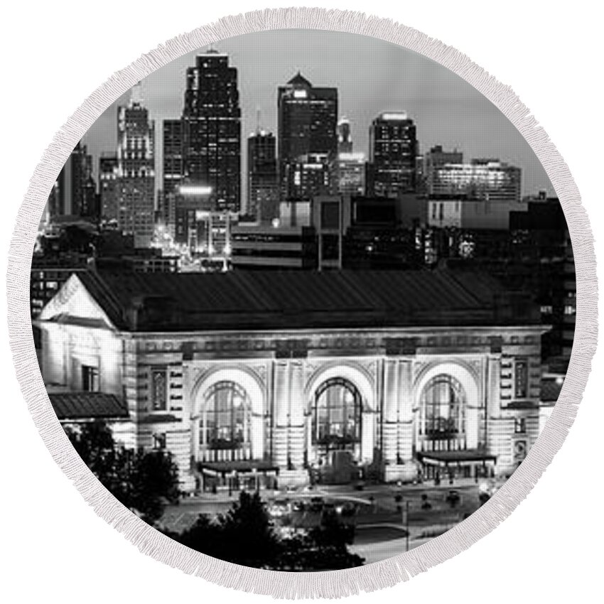 Kansas City Round Beach Towel featuring the photograph The Panoramic Skyline of Kansas City And Union Station At Dusk - Black and White by Gregory Ballos