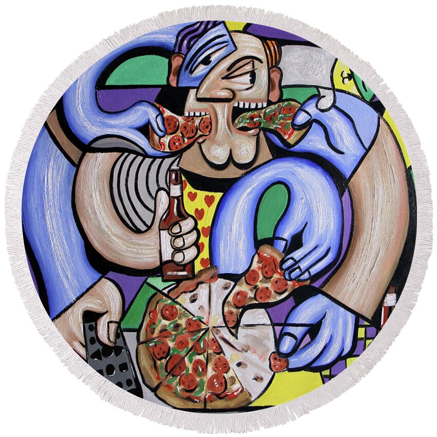 The Pizzaholic Round Beach Towel featuring the painting The Pizzaholic by Anthony Falbo