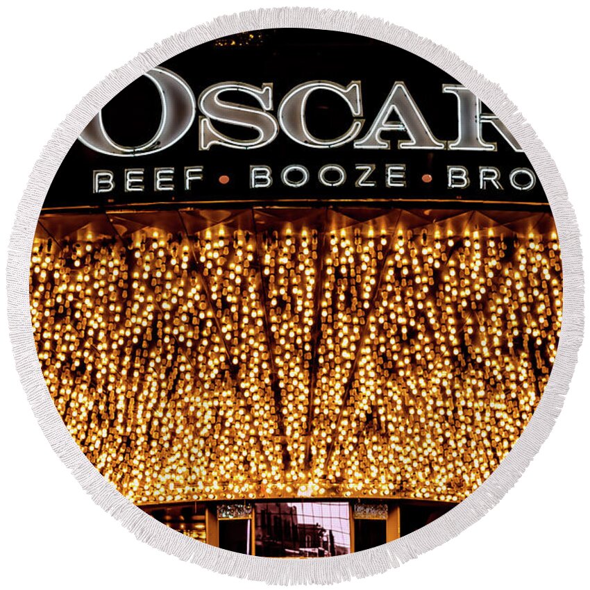 Oscars Las Vegas Round Beach Towel featuring the photograph The Plaza Casino Oscars Lights and Sign at Night by Aloha Art