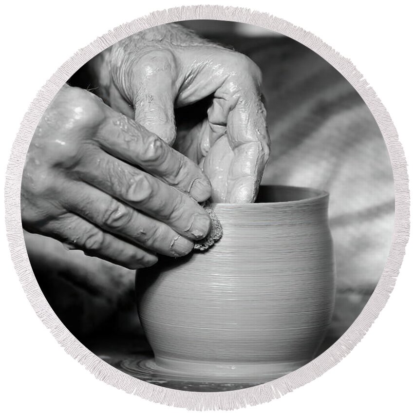 Ceramic Round Beach Towel featuring the photograph The Potter's Hands bw by Lens Art Photography By Larry Trager