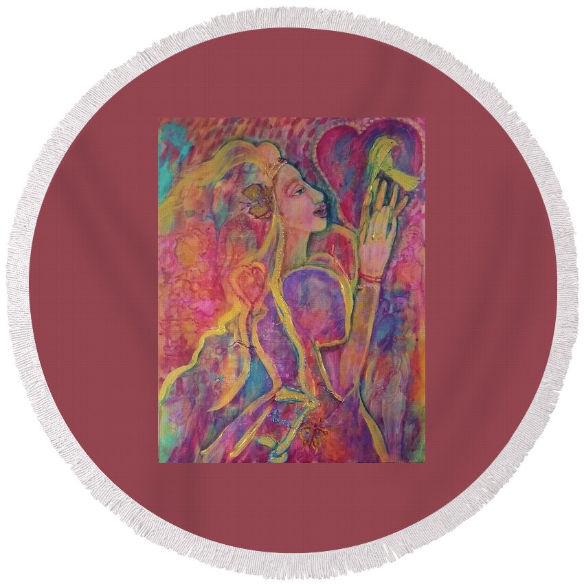 Peace Round Beach Towel featuring the painting The Power of a Peaceful Heart by Feather Redfox