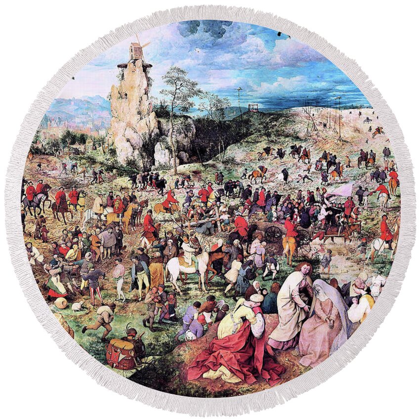The Procession To Calvary Round Beach Towel featuring the painting The Procession to Calvary - Digital Remastered Edition by Pieter Bruegel