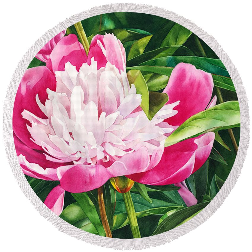 Peony Round Beach Towel featuring the painting The Queen of the Garden by Espero Art