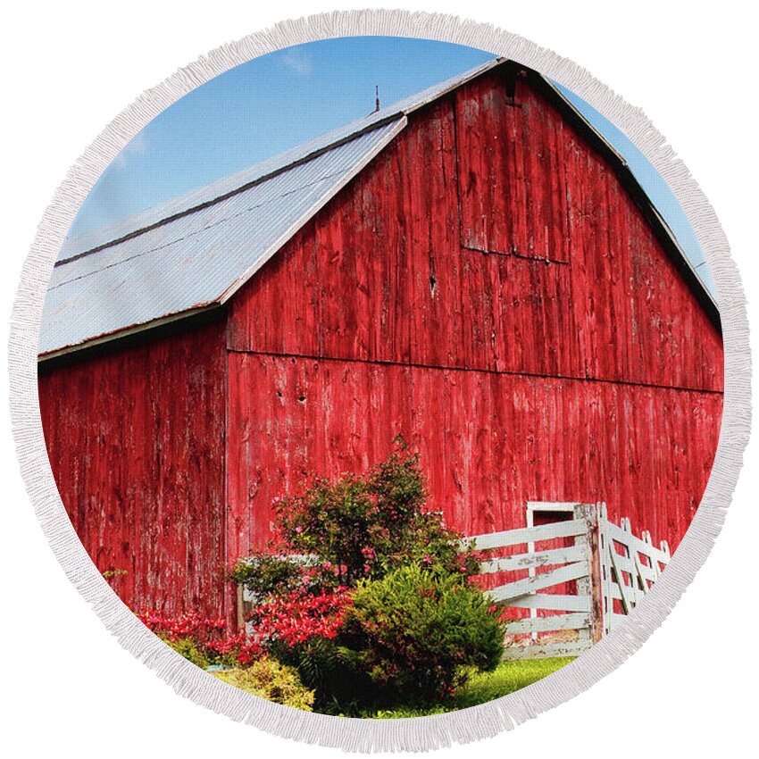 Barn Round Beach Towel featuring the photograph The Red Barn by Tatiana Travelways