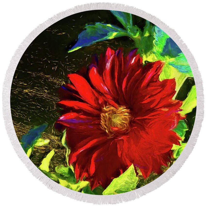 Flower Round Beach Towel featuring the photograph The Red Dahlia in Sunrise Light by Diana Mary Sharpton