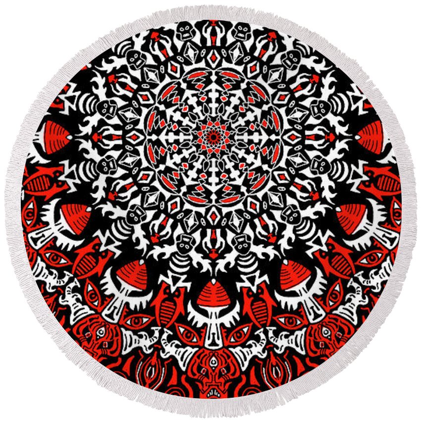 Visionary Round Beach Towel featuring the mixed media The ReD OnEs by Myztico Campo