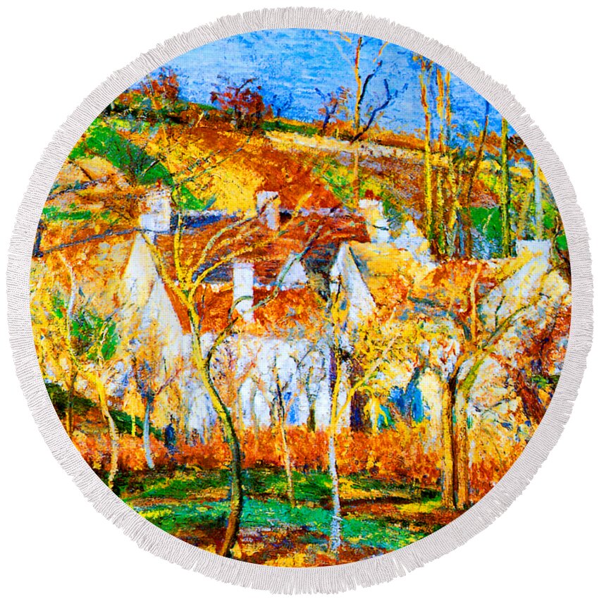 Camille Round Beach Towel featuring the painting The Red Roofs, Corner of a Village Winter 1877 by Camille Pissarro