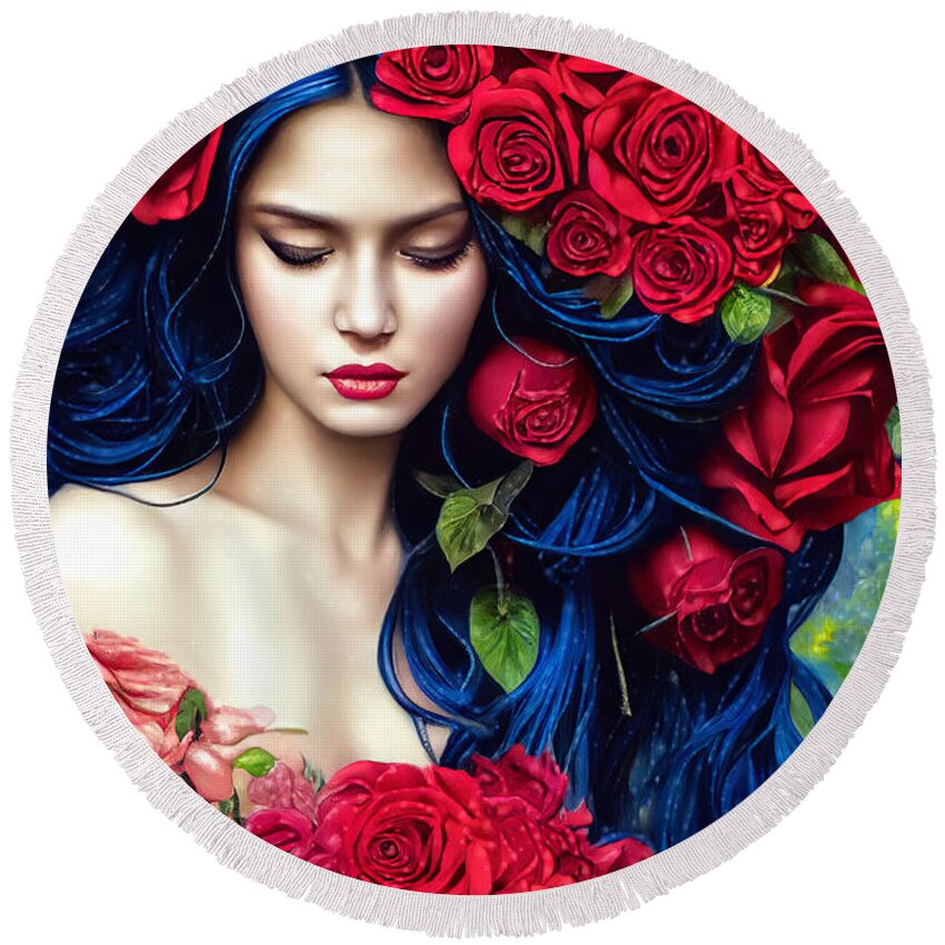 Red Roses Round Beach Towel featuring the painting The Red Rose Goddess by Tina LeCour