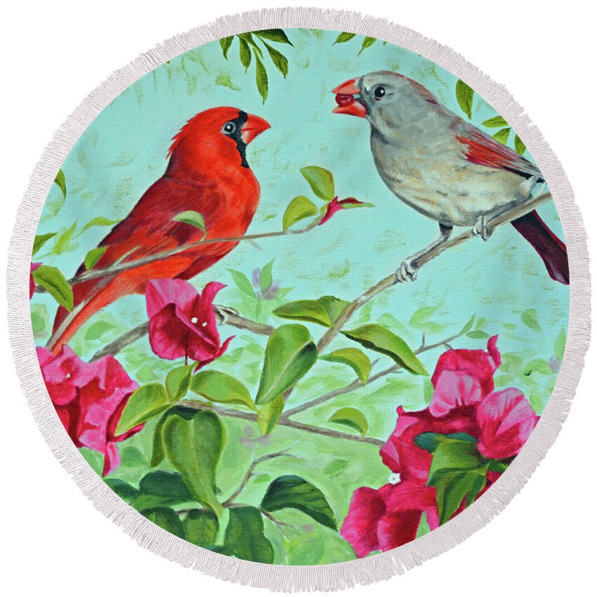 Red Bird Painting Round Beach Towel featuring the painting The Redbirds by Jimmie Bartlett