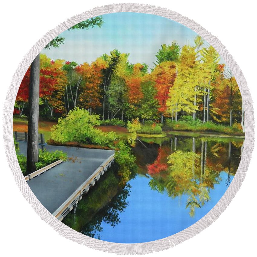 Tropical Landscape Round Beach Towel featuring the painting The Reflection by Kenneth Harris