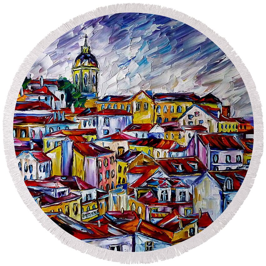 Lisbon From Above Round Beach Towel featuring the painting The Roofs Of Lisbon by Mirek Kuzniar