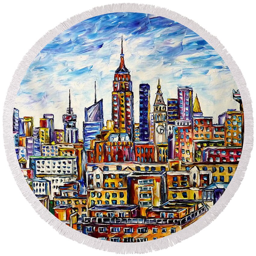 New York From Above Round Beach Towel featuring the painting The Rooftops Of New York by Mirek Kuzniar