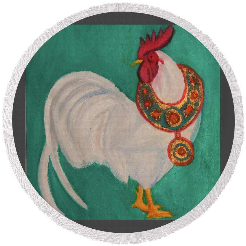 Rooster Round Beach Towel featuring the painting The Rooster and The African Necklace by Anita Hummel