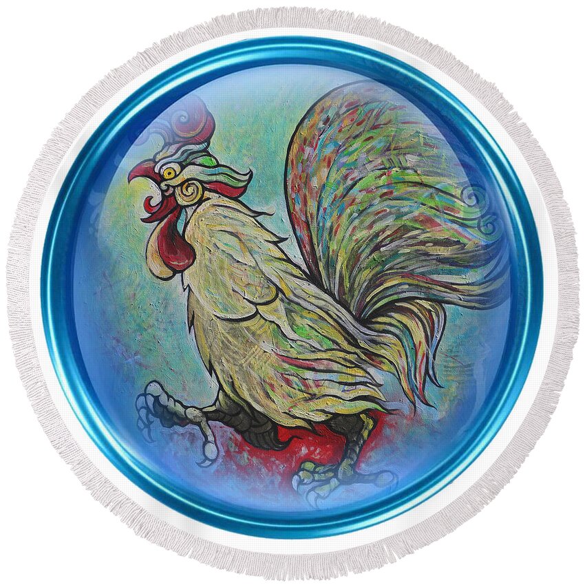 The Rooster Round Beach Towel featuring the painting the Rooster by Tom Dashnyam Otgontugs