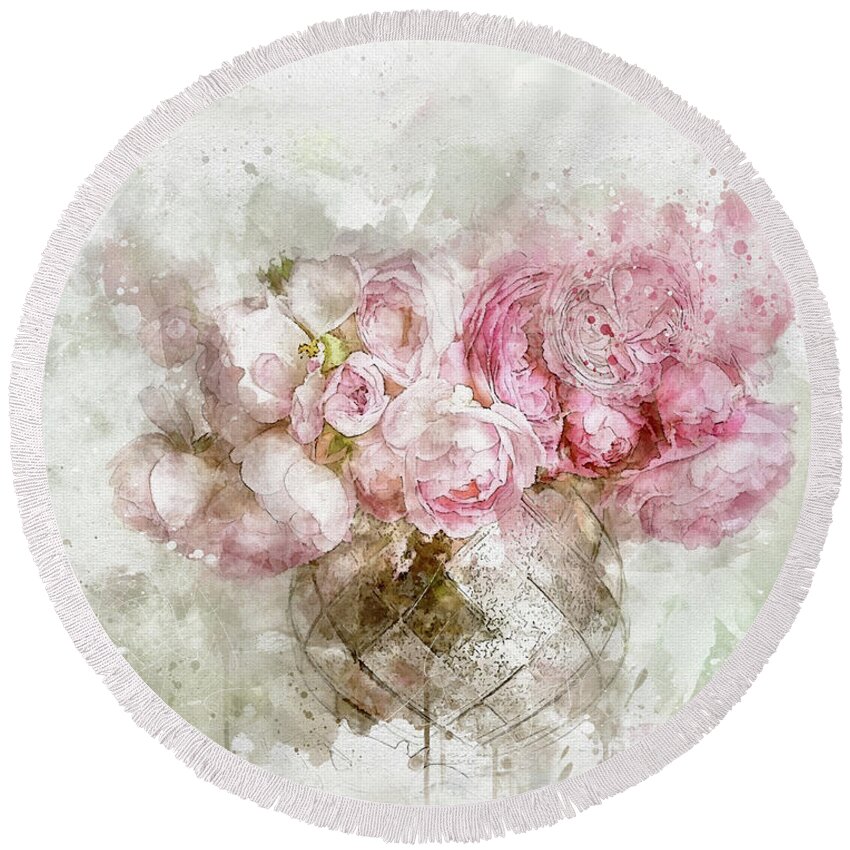Pink Roses Round Beach Towel featuring the mixed media The Rose Bowl by Colleen Taylor