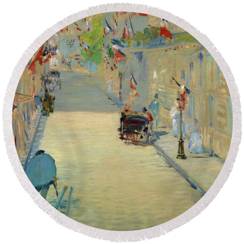 Edouard Manet Round Beach Towel featuring the painting The Rue Mosnier with Flags, June 30, 1878 by Edouard Manet