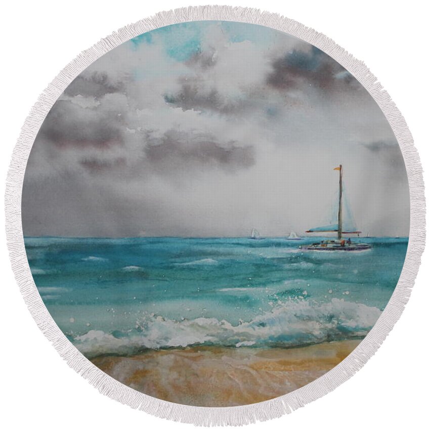 Sailboat Round Beach Towel featuring the painting The Sailing Lesson by Ruth Kamenev