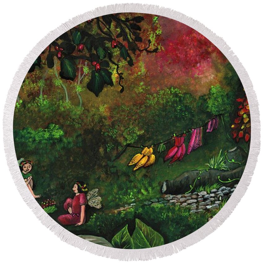 Fairy Round Beach Towel featuring the painting The secret world of fairies by Tara Krishna