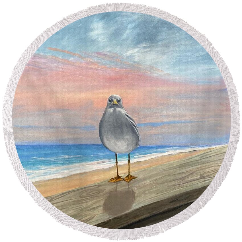 Atlantic Ocean Round Beach Towel featuring the painting The Sentry Seagull by Sue Dinenno