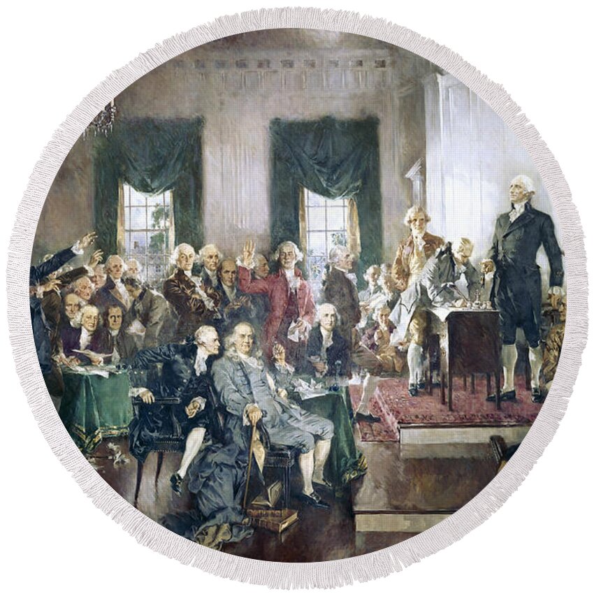 Congress Round Beach Towel featuring the painting The Signing of the Constitution of the United States in 1787 by Howard Chandler Christy