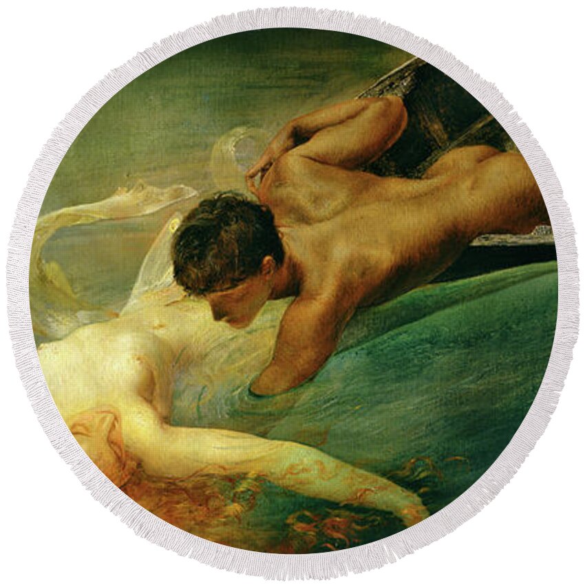 The Siren Round Beach Towel featuring the painting The Siren, Green Abyss by Giulio Aristide Sartorio