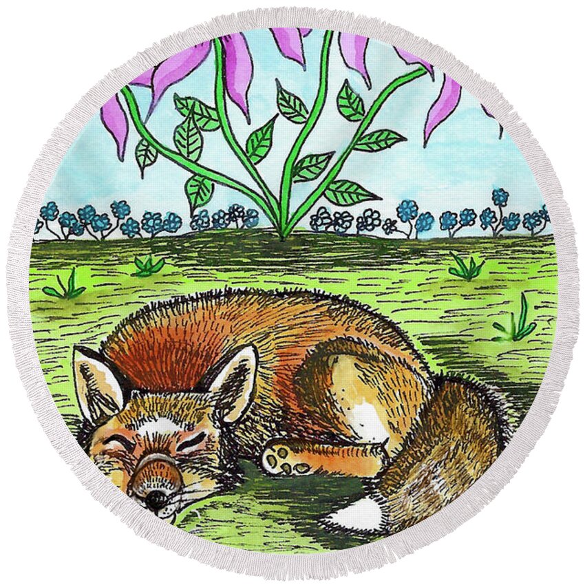 Fox Round Beach Towel featuring the painting The Sleeping Fox by Christina Wedberg