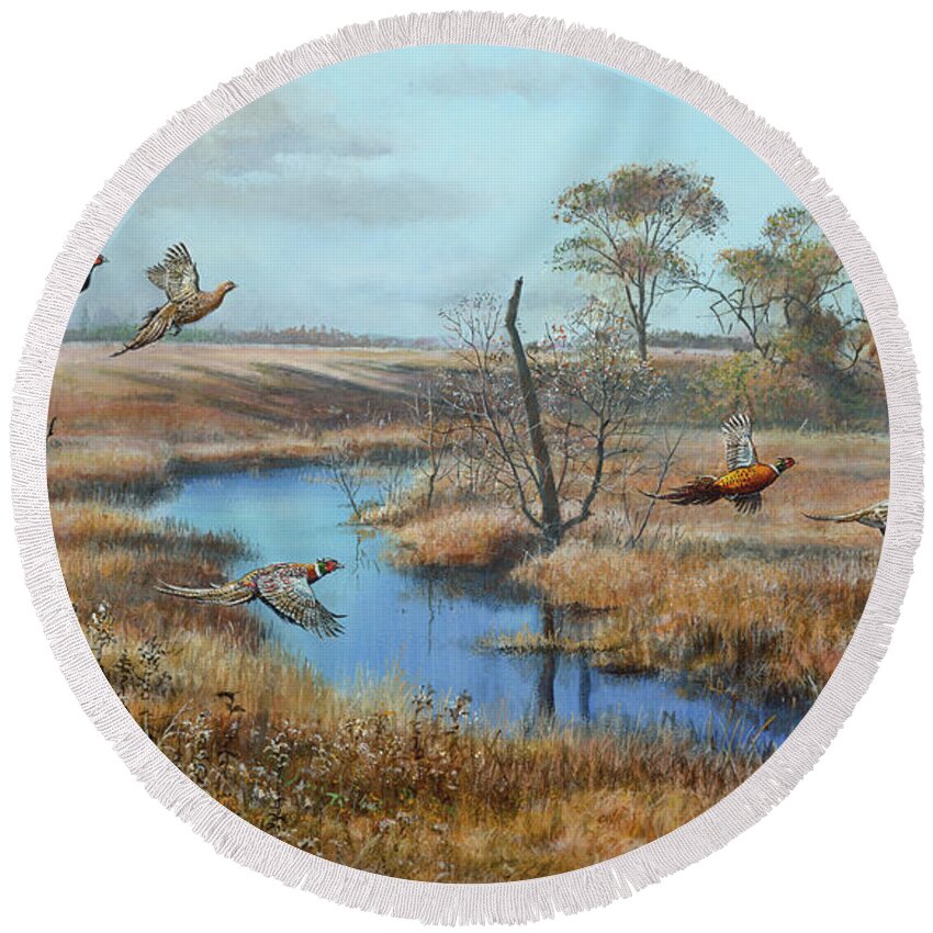 Scott Zoellick Round Beach Towel featuring the painting The Slough Pheasants by Scott Zoellick