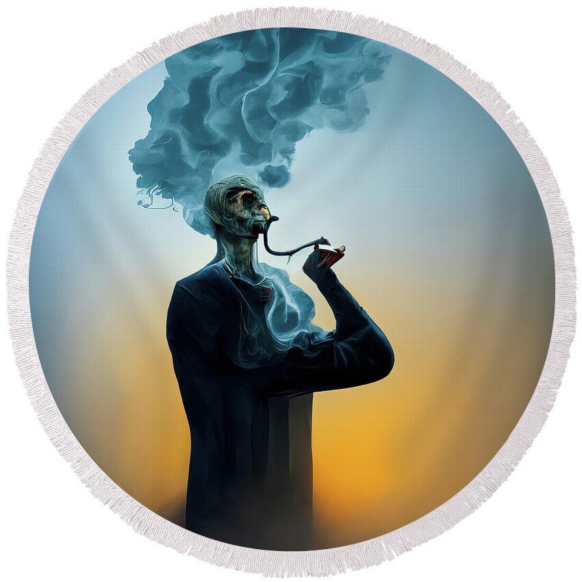 Smoker Round Beach Towel featuring the digital art The Smoker 01 Surreal and Quirky by Matthias Hauser