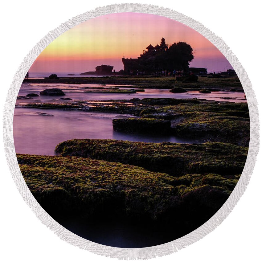 Tanah Lot Round Beach Towel featuring the photograph The Temple By The Sea - Tanah Lot Sunset, Bali by Earth And Spirit