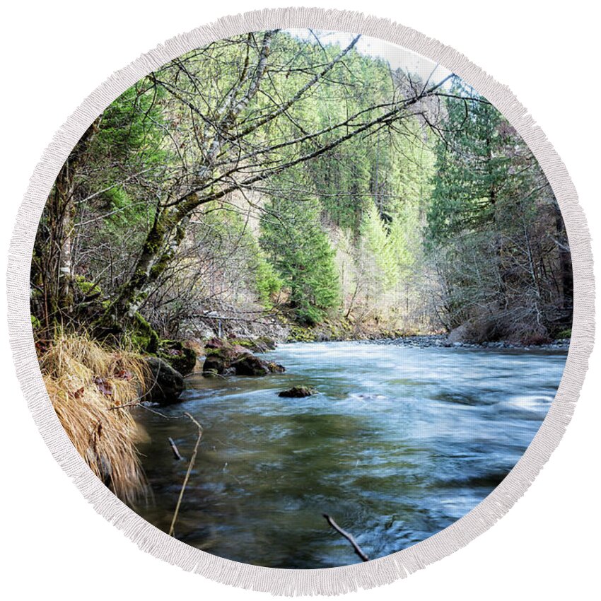 South Fork Round Beach Towel featuring the photograph The South Fork of the McKenzie River by Belinda Greb