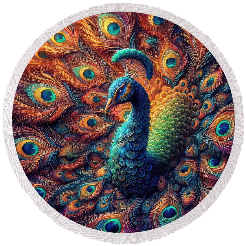 Peacock Round Beach Towel featuring the digital art The Spiraling Splendor of the Majestic Peacock by Bill and Linda Tiepelman