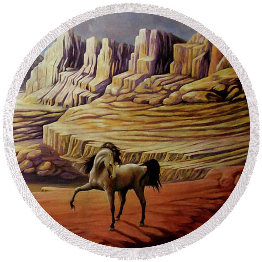 Horses Round Beach Towel featuring the painting The Storm by Loxi Sibley